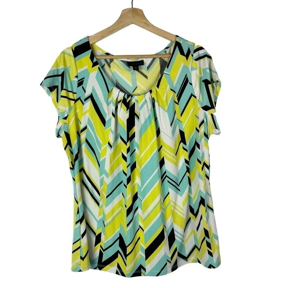 Worthington Lime Green & Blue Chevron Short Sleeve Blouse 1X